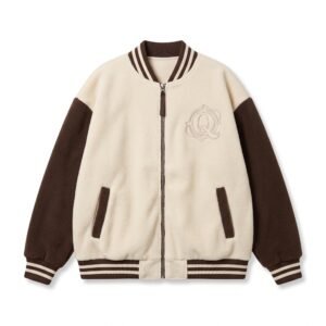Q Clothing Store Women's Cream & Brown Sherpa Fleece Varsity Jacket