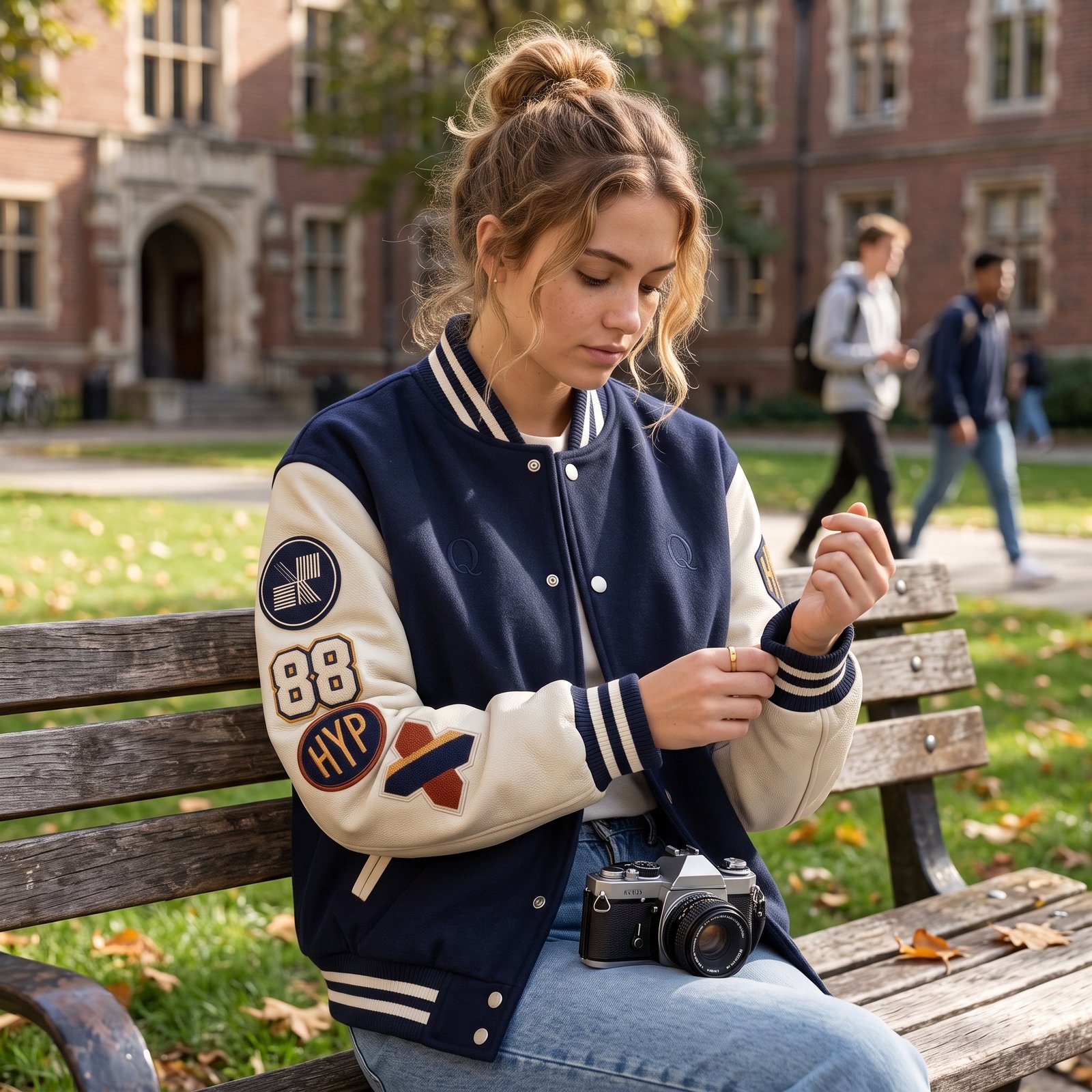 Q Clothing Store Premium Navy & Cream Varsity Jacket with Custom Patches - Image 4