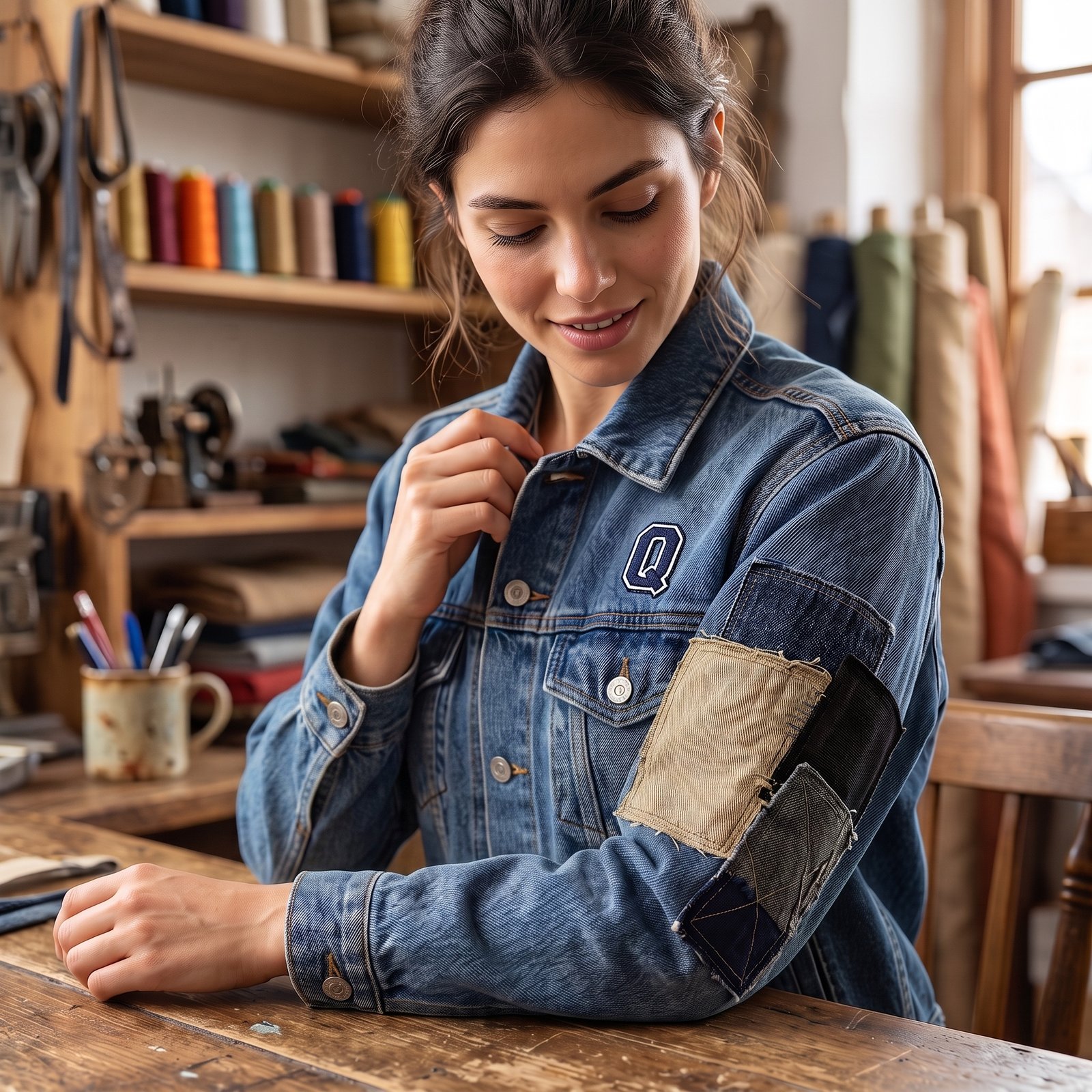Q Clothing Store Premium Oversized Patchwork Denim Jacket - Vintage Blue - Image 4