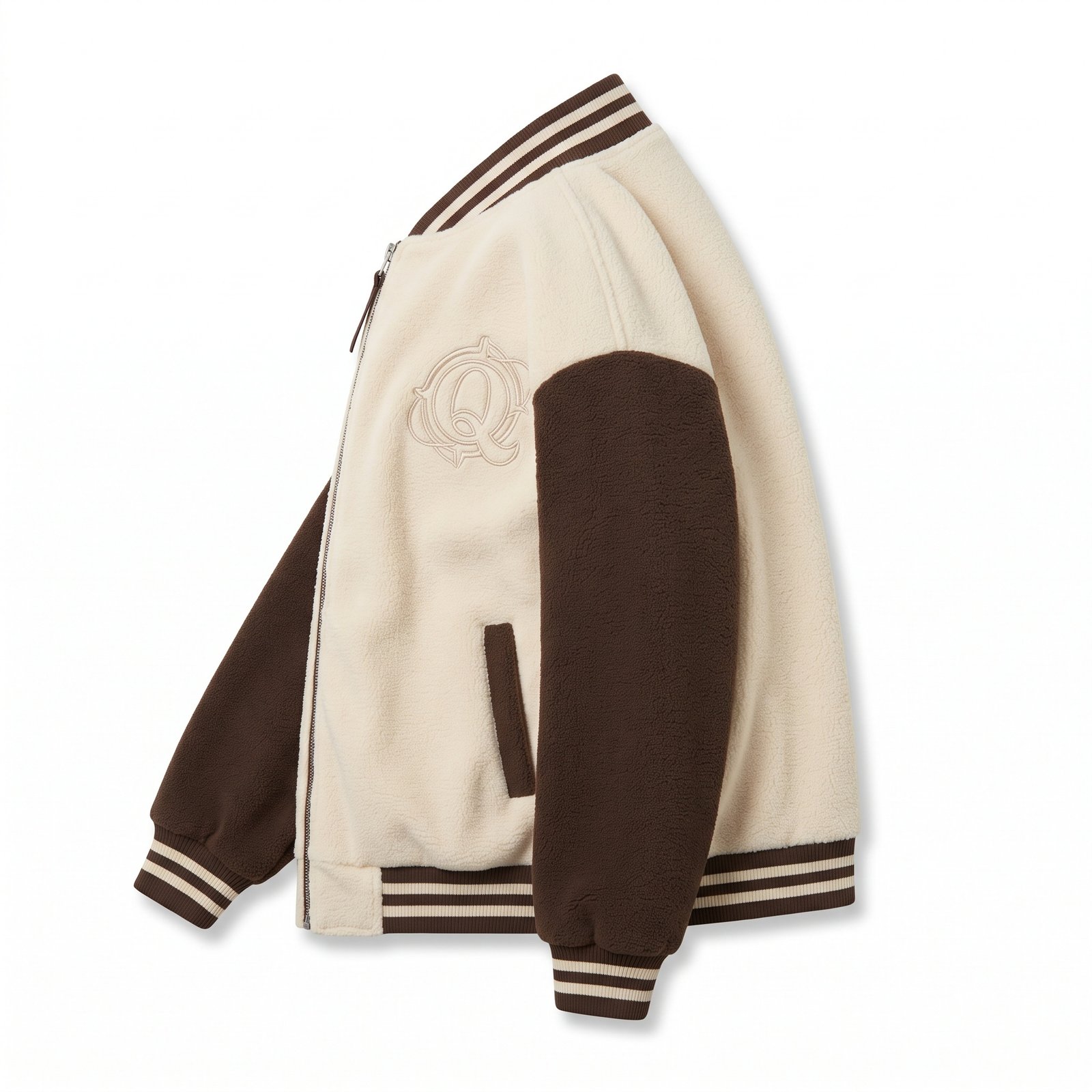 Q Clothing Store Women's Cream & Brown Sherpa Fleece Varsity Jacket - Image 2