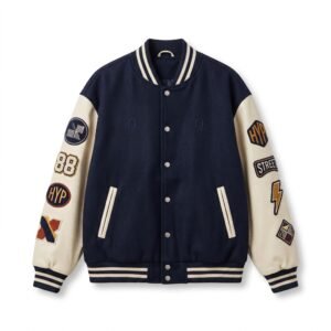 Q Clothing Store Premium Navy & Cream Varsity Jacket with Custom Patches