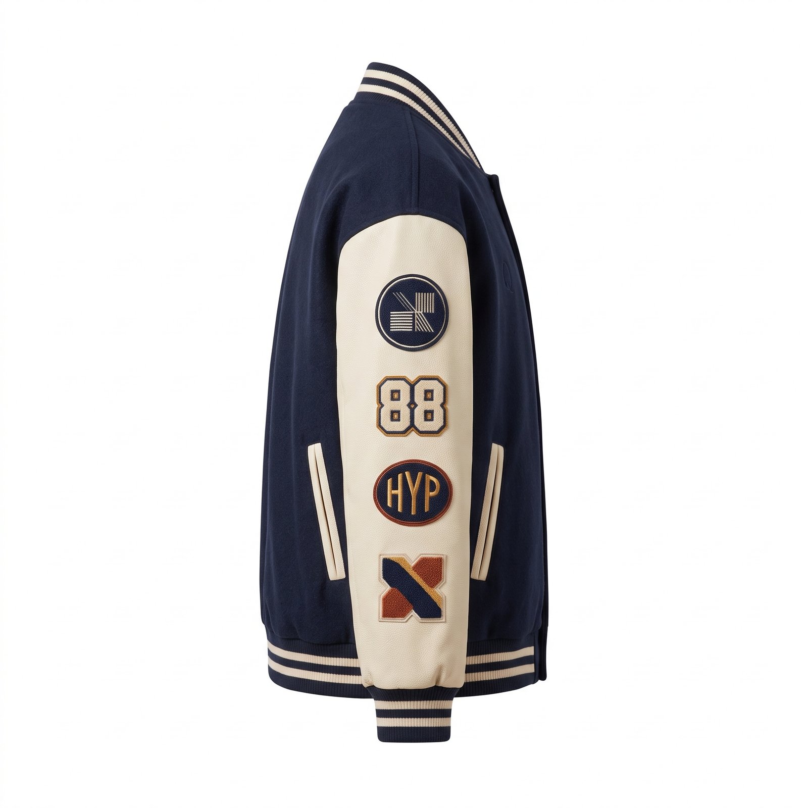 Q Clothing Store Premium Navy & Cream Varsity Jacket with Custom Patches - Image 2