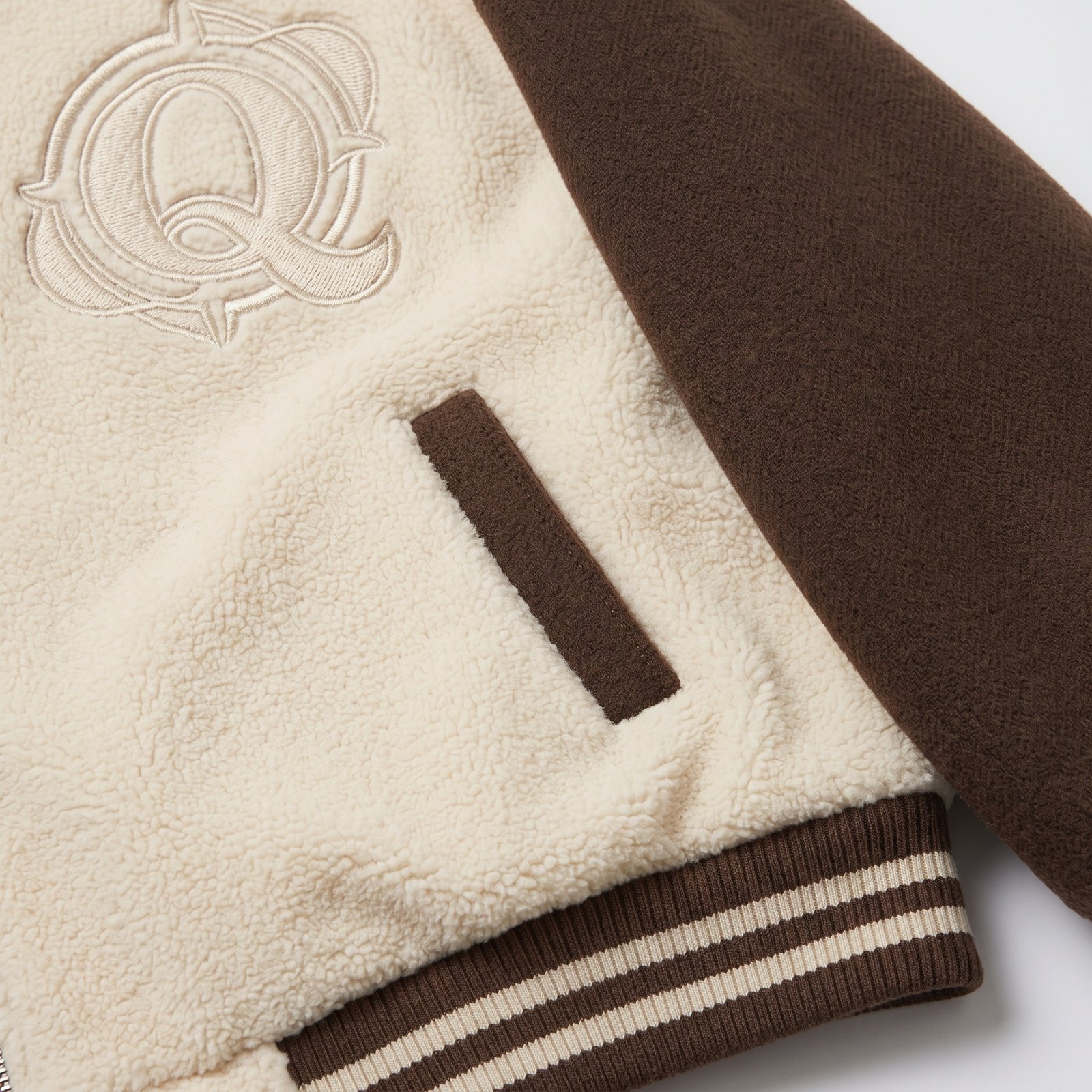 Q Clothing Store Women's Cream & Brown Sherpa Fleece Varsity Jacket - Image 3