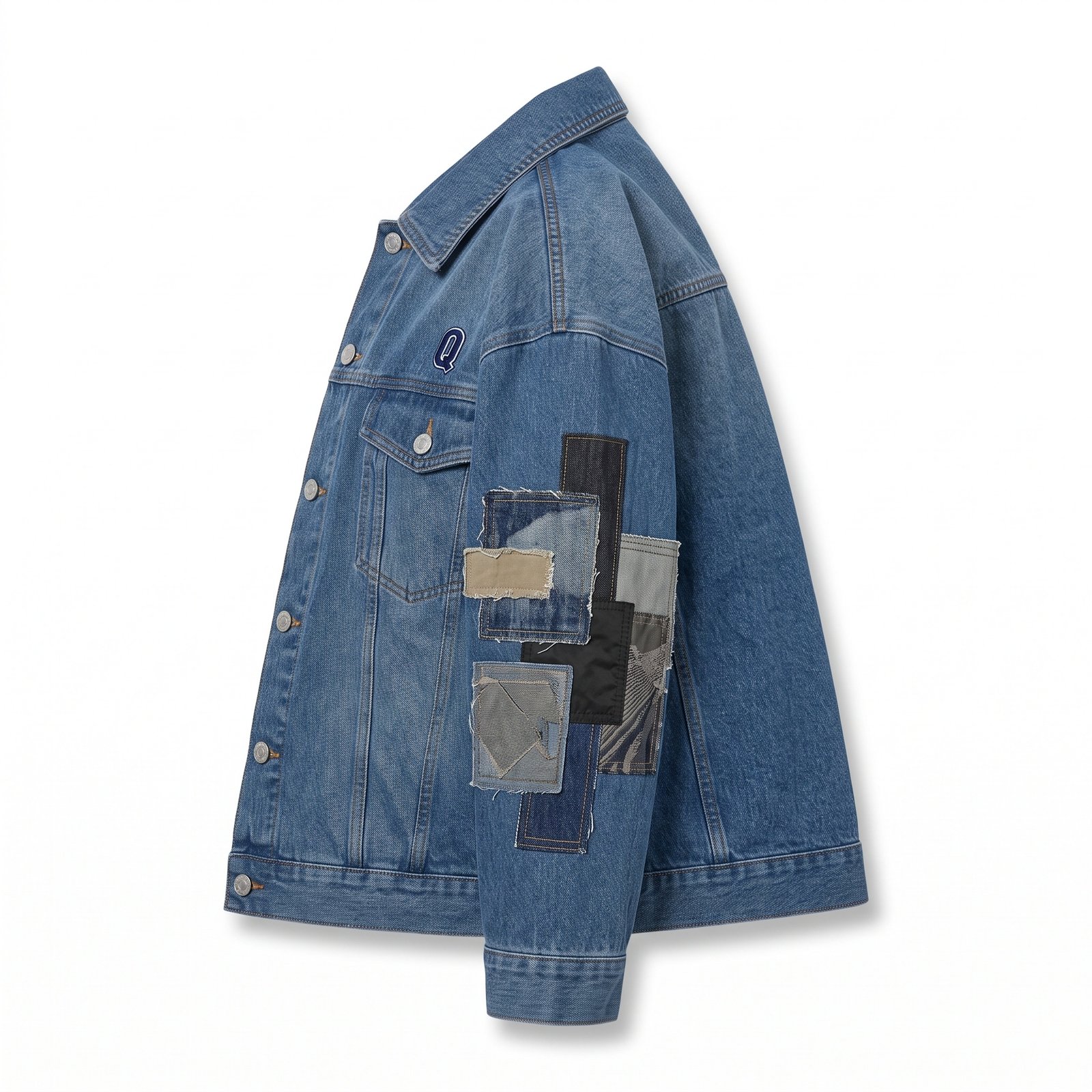 Q Clothing Store Premium Oversized Patchwork Denim Jacket - Vintage Blue - Image 2